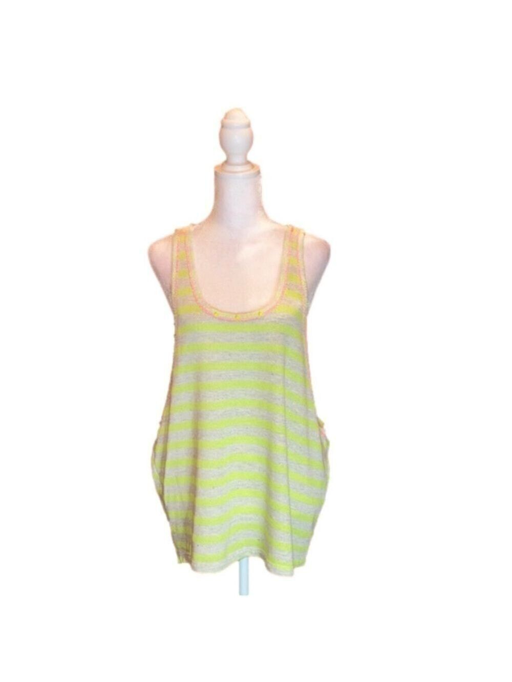 LUSH Neon Yellow & Gray Striped Sweatshirt-like Tank Top w/ Pink Trim, Size M - Picture 3 of 8
